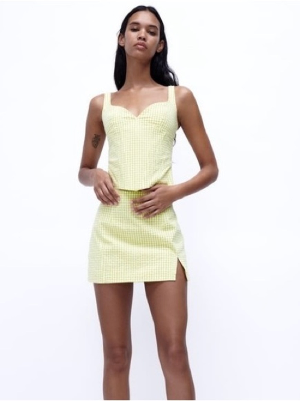 Zara Green Gingham Coord Corset Top & Mini Skirt Set Size Medium NWT